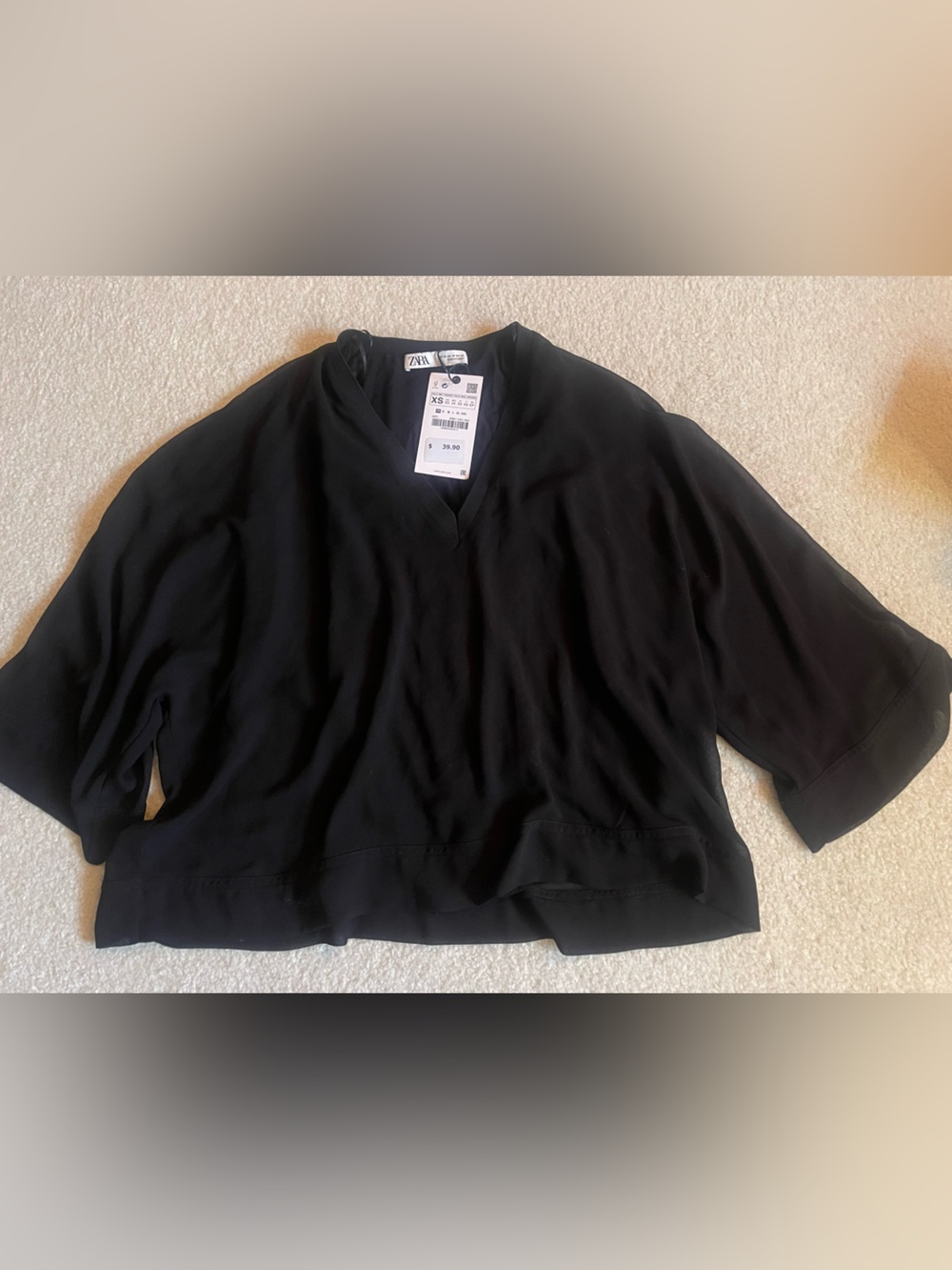 Zara Black V-Neck Top with Ribbon Detail